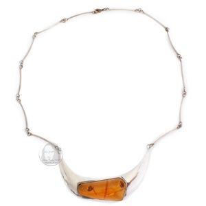 Vintage Necklace with Amber Pendant Abstract Artisan Silver Metal 90s Statement